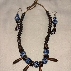 Handmade Blue Porcelain and Copper Beaded Necklace and Drop Earring Set